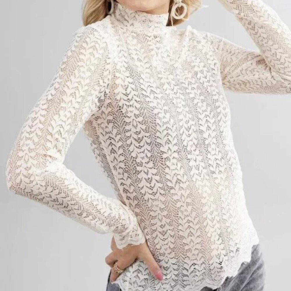 Red by BKE Fitted Sheer Lace Knit Mock Neck Top